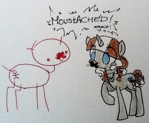 Size: 500x415 | Tagged: safe, artist:laceymod, derpibooru import, oc, oc:lovelace, pony, unicorn, ask lovelace, facial hair, female, mare, moustache, stick figure, stickmare, traditional art