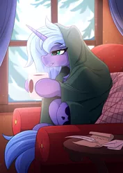 Size: 2833x4000 | Tagged: safe, artist:redchetgreen, artist:yakovlev-vad, derpibooru import, princess luna, alicorn, pony, blanket, chair, chocolate, collaboration, cozy, cute, female, food, hot chocolate, mare, profile, relatable, relaxing, s1 luna, sitting, smiling, snow, snowfall, solo, thousand yard stare, tucking in, winter