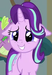 Size: 423x611 | Tagged: safe, derpibooru import, screencap, spike, starlight glimmer, dragon, pony, unicorn, a matter of principals, cropped, cute, female, floppy ears, glimmerbetes, male, mare, offscreen character, smiling, solo focus, winged spike