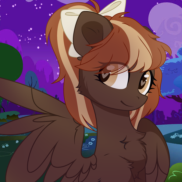 Size: 2850x2862 | Tagged: safe, artist:_vodka, derpibooru import, oc, oc:barista, unofficial characters only, pegasus, pony, bow, cheek fluff, chest fluff, hair bow, heart eyes, night, outdoors, ponytail, solo, wingding eyes