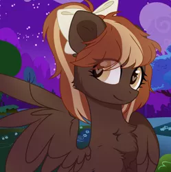 Size: 2850x2862 | Tagged: safe, artist:_vodka, derpibooru import, oc, oc:barista, unofficial characters only, pegasus, pony, bow, cheek fluff, chest fluff, hair bow, heart eyes, night, outdoors, ponytail, solo, wingding eyes