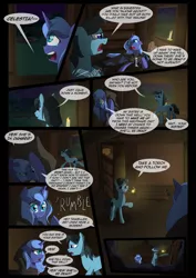 Size: 1240x1754 | Tagged: safe, artist:lunarcakez, derpibooru import, princess luna, oc, earth pony, pony, comic:the origins of hollow shades, comic, crying, male, mouth hold, stallion, torch