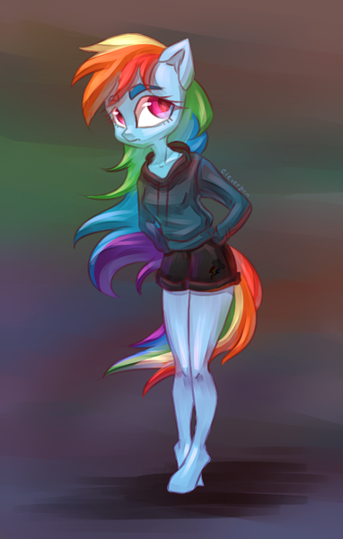 Size: 700x1100 | Tagged: anthro, artist:cleverpon, clothes, derpibooru import, female, hoodie, looking at you, mare, pegasus, rainbow dash, safe, solo, unguligrade anthro