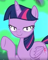 Size: 437x550 | Tagged: safe, derpibooru import, screencap, twilight sparkle, twilight sparkle (alicorn), alicorn, pony, molt down, creepy, cropped, dragonfire, female, fire, fire breath, great moments in animation, looking at you, mare, mid-blink screencap, nightmare fuel, raised hoof, smiling, twilight sparkle is best facemaker, wat