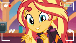 Size: 800x450 | Tagged: safe, derpibooru import, screencap, sunset shimmer, equestria girls, equestria girls series, how to backstage, spoiler:eqg series (season 2), animated, backstage pass, clothes, cute, dancing, female, jacket, looking at you, recording, shimmerbetes, solo, sunset shimmy, swag swag swag swag swag, video