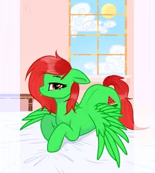 Size: 1934x2160 | Tagged: safe, artist:kim0508, derpibooru import, oc, oc:watermelon frenzy, unofficial characters only, pegasus, pony, bed, bed sheets, bedroom eyes, curtains, cute, laying on bed, looking at you, male, on bed, seductive, solo, tongue out, trap, window, wings
