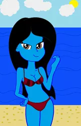 Size: 612x952 | Tagged: suggestive, artist:jamescider, derpibooru import, oc, oc:jamie cider, unofficial characters only, equestria girls, bikini, bikini bottom, bikini top, breasts, cleavage, clothes, female, long hair, quality, solo, sunny day, swimsuit