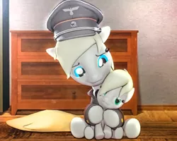 Size: 2308x1850 | Tagged: safe, artist:urgent coffee, derpibooru import, oc, oc:aryanne, oc:luftkrieg, earth pony, pegasus, pony, 3d, aryan, aryan pony, aryanbetes, blonde, clothes, cute, female, filly, hat, hug, indoors, mother and child, mother and daughter, nazi, nazipone, poster, sitting, smiling, smug, source filmmaker, uniform