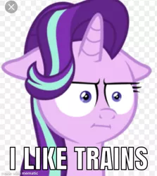 Size: 669x750 | Tagged: safe, derpibooru import, edit, starlight glimmer, pony, unicorn, marks for effort, :i, asdfmovie, cute, i like trains, i mean i see, mematic.net, meme