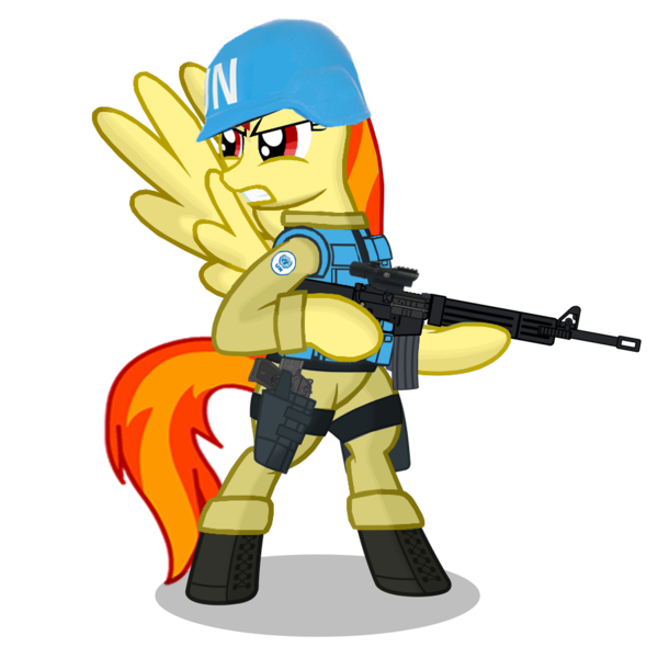 Size: 894x894 | Tagged: safe, derpibooru import, oc, oc:hot shot, oc:safe haven, unofficial characters only, pony, assault rifle, bipedal, boots, clothes, gun, handgun, helmet, military, pistol, rifle, shoes, simple background, solo, transparent background, united nations, weapon