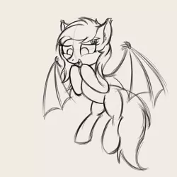 Size: 1800x1800 | Tagged: safe, artist:krash42, derpibooru import, oc, unofficial characters only, bat pony, pony, bat pony oc, bat wings, female, flying, mare, monochrome, simple background, solo, wings