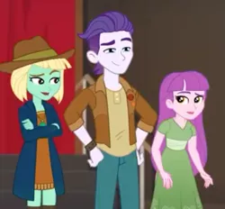 Size: 741x689 | Tagged: safe, derpibooru import, screencap, dakota verde, dirk thistleweed, violet wisteria, equestria girls, equestria girls series, how to backstage, spoiler:eqg series (season 2), background human, clothes, cropped, crossed arms, female, lipstick, male, smiling