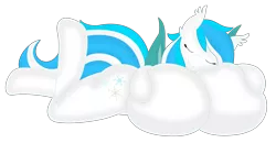 Size: 6000x3125 | Tagged: suggestive, artist:allrights, artist:notyobizz, color edit, derpibooru import, edit, oc, oc:snowflake, unofficial characters only, anthro, bat pony, anthro oc, arm hooves, breast pillow, breasts, colored, featureless breasts, female, onomatopoeia, raised leg, simple background, sleeping, solo, solo female, sound effects, transparent background, vector, zzz