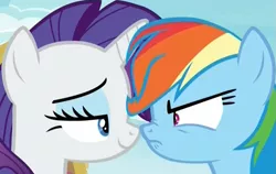 Size: 925x585 | Tagged: safe, derpibooru import, screencap, rainbow dash, rarity, pegasus, pony, unicorn, the end in friend, angry, bickering, boop, cropped, eye contact, female, frown, lidded eyes, looking at each other, mare, narrowed eyes, nose to nose, nose wrinkle, noseboop, ponyville, shipping fuel, smiling, smug, smugity