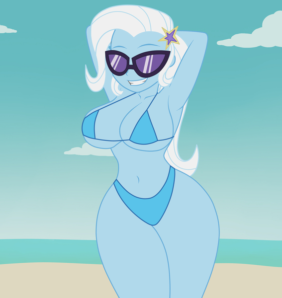 Size: 1700x1800 | Tagged: suggestive, artist:mashoart, derpibooru import, trixie, equestria girls, absolute cleavage, adorasexy, arm behind head, armpits, beach, beach babe, belly button, big breasts, bikini, bikini babe, breasts, busty trixie, cleavage, clothes, curvy, cute, female, glasses, grin, hips, huge breasts, ocean, sand, sexy, smiling, solo, solo female, stupid sexy trixie, sunglasses, swimsuit, thick, wide hips