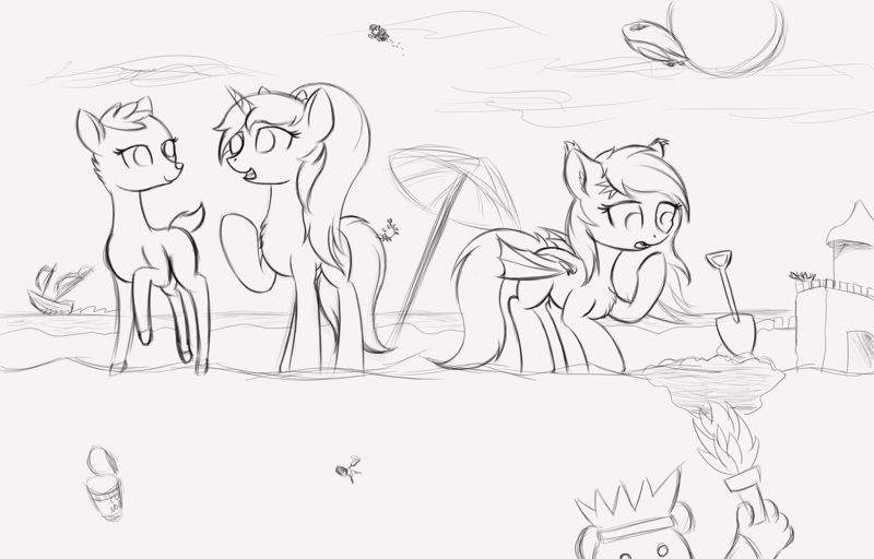 Size: 2000x1280 | Tagged: safe, artist:krash42, derpibooru import, oc, unofficial characters only, bat pony, crab, deer, pony, unicorn, airship, bat pony oc, bat wings, beach, buried, digging, female, mare, monochrome, newbie artist training grounds, raised hoof, sailboat, sandcastle, shovel, simple background, statue of liberty, umbrella, water, wings