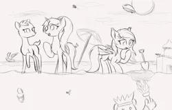 Size: 2000x1280 | Tagged: safe, artist:krash42, derpibooru import, oc, unofficial characters only, bat pony, crab, deer, pony, unicorn, airship, bat pony oc, bat wings, beach, buried, digging, female, mare, monochrome, newbie artist training grounds, raised hoof, sailboat, sandcastle, shovel, simple background, statue of liberty, umbrella, water, wings