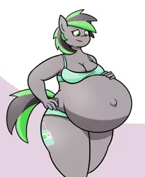 Size: 646x789 | Tagged: suggestive, artist:theguynooneremembers, derpibooru import, oc, oc:varah bubble, unofficial characters only, anthro, earth pony, belly, belly button, big belly, blushing, bra, breasts, clothes, commission, female, hand on belly, hand on hip, mare, outie belly button, panties, pregnant, simple background, solo, underwear, ych result