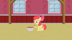 Size: 480x270 | Tagged: abuse, angry, animated, apple bloom, applebuse, applejack, applejack's hat, artist:forgalorga, barn, cowboy hat, derpibooru import, dishonorapple, eating, everypony is strange, food, hat, red face, safe, strawberry, that pony sure does hate strawberries, this ended in pain, traitor, you dun goofed