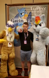 Size: 1311x2048 | Tagged: safe, artist:spainfischer, derpibooru import, gallus, gilda, rainbow dash, gryphon, human, everfree northwest, fursuit, gavin langelo, irl, irl human, photo, sydneyroo(coser)