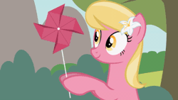 Size: 480x270 | Tagged: safe, artist:forgalorga, derpibooru import, lily, lily valley, rainbow dash, earth pony, pegasus, pony, animated, blinking, confused, cute, everypony is strange, eye contact, female, flower, flower in hair, frown, gif, hoof hold, image, lilybetes, looking at each other, looking at something, looking down, looking up, mare, mouth hold, nom, open mouth, pinwheel (toy), pure unfiltered evil, show accurate, smiling, stealing, wat, wide eyes