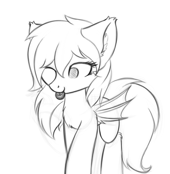 Size: 1632x1674 | Tagged: safe, artist:krash42, derpibooru import, oc, unofficial characters only, bat pony, pony, bat pony oc, bat wings, chest fluff, cookie, cute, ear fluff, fangs, female, food, mare, monochrome, mouth hold, newbie artist training grounds, one eye closed, oreo, simple background, sketch, solo, white background, wings