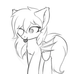 Size: 1632x1674 | Tagged: safe, artist:krash42, derpibooru import, oc, unofficial characters only, bat pony, pony, bat pony oc, bat wings, chest fluff, cookie, cute, ear fluff, fangs, female, food, mare, monochrome, mouth hold, newbie artist training grounds, one eye closed, oreo, simple background, sketch, solo, white background, wings