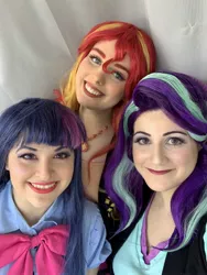 Size: 1536x2048 | Tagged: safe, artist:maddymoiselle, artist:sarahndipity cosplay, artist:shelbeanie, derpibooru import, starlight glimmer, sunset shimmer, twilight sparkle, human, equestria girls, clothes, cosplay, costume, counterparts, everfree northwest, irl, irl human, magical trio, photo, twilight's counterparts, unicorn trio