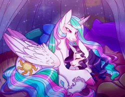 Size: 4500x3500 | Tagged: safe, artist:pastel-pony-pictures, deleted from derpibooru, derpibooru import, princess celestia, rarity, alicorn, pony, unicorn, blushing, cloven hooves, colored hooves, cute, eyes closed, female, lesbian, mare, pillow, rarilestia, shipping, smiling