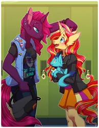 Size: 3500x4500 | Tagged: safe, artist:pastel-pony-pictures, deleted from derpibooru, derpibooru import, fizzlepop berrytwist, princess ember, sunset shimmer, tempest shadow, anthro, cat, unicorn, equestria girls, armlet, backpack, badge, bell, bell collar, blushing, button, canterlot high, cat bell, clothes, collar, crack shipping, digital art, ear fluff, ear piercing, ember the cat, eye contact, female, jacket, jeans, leather jacket, lesbian, lesbian pride flag, lockers, looking at each other, mare, nose piercing, open mouth, pants, piercing, pride, pride flag, shipping, shirt, skirt, sleeveless, standing, t-shirt, tempestshimmer, transgender pride flag