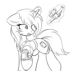 Size: 1824x1797 | Tagged: safe, artist:krash42, derpibooru import, oc, oc:littlepip, unofficial characters only, pony, unicorn, fallout equestria, fanfic, bandage, clothes, ear fluff, fanfic art, female, floppy ears, glowing horn, gun, handgun, hooves, horn, levitation, little macintosh, magic, mare, monochrome, newbie artist training grounds, open mouth, optical sight, pipbuck, raised hoof, revolver, scope, simple background, solo, telekinesis, vault suit, weapon, white background