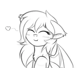 Size: 1510x1340 | Tagged: safe, artist:krash42, derpibooru import, oc, unofficial characters only, bat pony, pony, bat pony oc, bat wings, blushing, chest fluff, cute, ear fluff, eyes closed, fangs, female, floppy ears, heart, mare, monochrome, newbie artist training grounds, raised hoof, simple background, solo, white background, wings