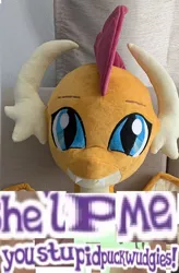 Size: 728x1110 | Tagged: artist:klplushies, caption, dead eyes, derpibooru import, editor:horsesplease, everfree northwest, expand dong, exploitable meme, help me, i have no mouth and i must scream, image macro, meme, plushie, pukwudgie, safe, screaming internally, smolder, text, thousand yard stare