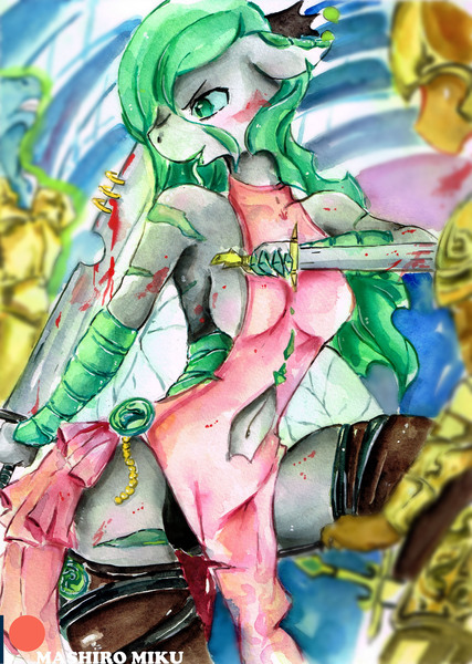 Size: 2316x3251 | Tagged: anthro, artist:mashiromiku, blood, breasts, cleavage, derpibooru import, fight, patreon, patreon logo, queen chrysalis, royal guard, semi-grimdark, sword, traditional art, watercolor painting, weapon