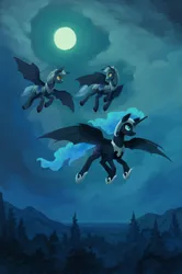 Size: 1200x1810 | Tagged: safe, artist:asimos, artist:kirillk, derpibooru import, nightmare moon, alicorn, bat pony, bat pony alicorn, pony, armor, bat wings, collaboration, fanfic art, flying, full moon, helmet, hoof shoes, horn, male, moon, night, night guard, peytral, scenery, slit pupils, spread wings, stallion, trio, wings