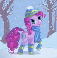 Size: 1024x1043 | Tagged: safe, artist:quasariuscyborg, derpibooru import, pinkie pie, pony, clothes, deviantart watermark, hat, obtrusive watermark, scarf, signature, smiling, snow, socks, solo, striped socks, watermark, winter