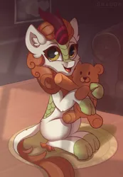 Size: 1063x1535 | Tagged: artist:shadowreindeer, autumn blaze, awwtumn blaze, blushing, cheek fluff, cloven hooves, cute, daaaaaaaaaaaw, derpibooru import, ear fluff, female, happy, kirin, leonine tail, looking at you, open mouth, plushie, safe, smiling, solo, sweet dreams fuel, teddy bear, weapons-grade cute, wholesome