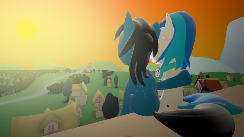 Size: 3840x2160 | Tagged: safe, artist:agkandphotomaker2000, derpibooru import, vinyl scratch, oc, oc:pony video maker, pony, 3d, canon x oc, female, male, ponyville, rooftop, scenery, shipping, source filmmaker, straight, sunset, town, videoscratch