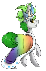 Size: 3218x4956 | Tagged: safe, artist:hellishprogrammer, derpibooru import, oc, oc:starshine glow, unofficial characters only, pony, unicorn, bedroom eyes, cloak, clothes, crown, cute, grin, jewelry, male, rainbow, raised hoof, regalia, robe, simple background, smiling, solo, stallion, transparent background, underhoof