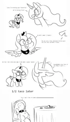 Size: 1066x1859 | Tagged: safe, artist:lockheart, derpibooru import, princess celestia, princess luna, alicorn, pony, :d, aaaaaaaaaa, belly button, c:, chair, comic, cute, d:, drool, empty eyes, eye contact, eyes closed, female, filly, floppy ears, food, lineart, looking at each other, lunabetes, mare, monochrome, no pupils, open mouth, peytral, simple background, sitting, smiling, stuffed, table, taco, teary eyes, text, white background, wide eyes, woona, younger