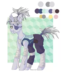 Size: 3338x4116 | Tagged: safe, artist:hellishprogrammer, derpibooru import, oc, oc:silver-slash, unofficial characters only, pony, bandage, bandana, belt, clothes, ear piercing, earring, eyepatch, female, grin, hoodie, horn, horn piercing, jewelry, mare, ninja, pants, piercing, ponytail, pouch, reference sheet, scar, simple background, sleeveless, smiling, snake bites, solo, tape, white background