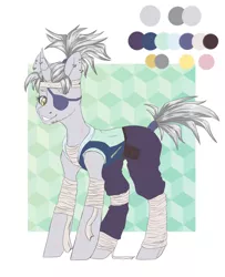 Size: 3338x4116 | Tagged: safe, alternate version, artist:hellishprogrammer, derpibooru import, oc, oc:silver-slash, unofficial characters only, pony, bandage, bandana, belt, clothes, ear piercing, earring, eyepatch, female, grin, hoodie, horn, horn piercing, jewelry, mare, ninja, pants, piercing, ponytail, pouch, reference sheet, scar, simple background, sleeveless, smiling, snake bites, solo, tape, white background