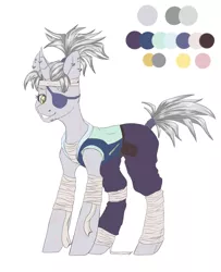 Size: 3338x4116 | Tagged: safe, alternate version, artist:hellishprogrammer, derpibooru import, oc, oc:silver-slash, unofficial characters only, pony, bandage, bandana, belt, clothes, ear piercing, earring, eyepatch, female, grin, hoodie, horn, horn piercing, jewelry, mare, ninja, pants, piercing, ponytail, pouch, reference sheet, scar, simple background, sleeveless, smiling, snake bites, solo, tape, white background