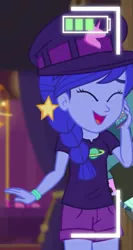 Size: 555x1045 | Tagged: safe, derpibooru import, screencap, space camp (character), equestria girls, equestria girls series, how to backstage, spoiler:eqg series (season 2), background human, blue hair, blue skin, braided ponytail, clothes, cropped, eyes closed, hat, jewelry, mobile phone, phone, shirt, shorts, smiling, wristband