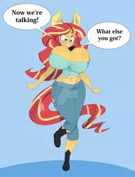Size: 1024x1349 | Tagged: dead source, suggestive, artist:peribooty, derpibooru import, sunset shimmer, human, werewolf, equestria girls, amazon, big breasts, boots, breast expansion, breasts, busty sunset shimmer, cleavage, clenched teeth, clothes, curvy, eared humanization, expansion, fangs, female, growth, hips, huge breasts, humanized, imminent wardrobe malfunction, incentive drive, kemonomimi, midriff, ripped pants, ripping clothes, sharp teeth, shoes, sneer, solo, tail, tailed humanization, teeth, wide hips