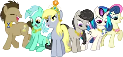 Size: 3490x1617 | Tagged: safe, alternate version, artist:jaybugjimmies, derpibooru import, bon bon, derpy hooves, doctor whooves, lyra heartstrings, octavia melody, sweetie drops, time turner, vinyl scratch, earth pony, pegasus, pony, unicorn, alternate mane six, background pony, background six, big crown thingy, crown, element of generosity, element of honesty, element of kindness, element of laughter, element of loyalty, element of magic, elements of harmony, eyes closed, female, jewelry, male, mare, open mouth, regalia, simple background, sitting, stallion, sunglasses, transparent background, vector