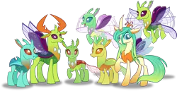 Size: 6626x3424 | Tagged: a better ending for chrysalis, absurd resolution, artist:vector-brony, changedling, changedlingified, changeling, changeling king, changeling queen, clypeus, cornicle, cute, cutealis, cuteling, derpibooru import, female, flying, group, inkscape, king thorax, looking at you, male, mare, open mouth, purified chrysalis, queen chrysalis, raised hoof, reformed, safe, simple background, smiling, smiling at you, species swap, spread wings, standing, thorax, transparent background, vector, wings