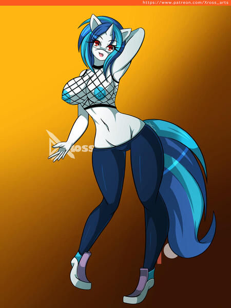 Size: 900x1201 | Tagged: anthro, armpits, artist:d-xross, big breasts, breasts, busty vinyl scratch, clothes, derpibooru import, female, fishnet clothing, fishnets, nipples, nudity, partial nudity, questionable, solo, solo female, topless, vinyl scratch, wrong eye color