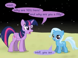 Size: 1200x900 | Tagged: safe, artist:evil-dec0y, derpibooru import, trixie, twilight sparkle, twilight sparkle (alicorn), alicorn, pony, comic:trixie vs., comic:trixie vs. the moon, age regression, comic, female, filly, filly trixie, moon, younger