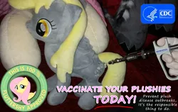 Size: 997x629 | Tagged: safe, derpibooru import, derpy hooves, fluttershy, pegasus, pony, clothes, female, flyer, gloves, irl, medical, photo, plushie, science, syringe, text, vaccination